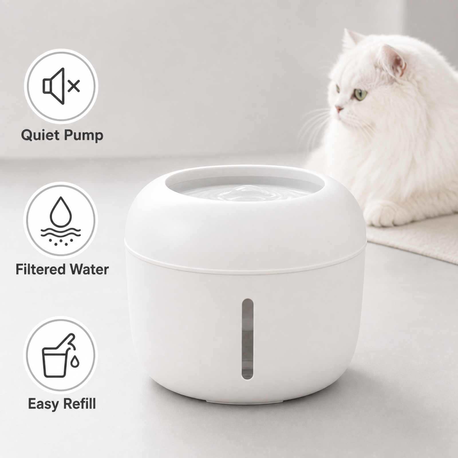 White modern pet water fountain with cat – sleek dog cat drinking dispenser