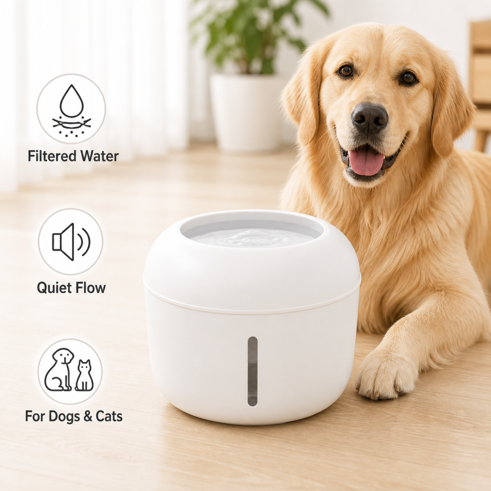 White pet water fountain with dog – 84.6 oz filtered pet drinking fountain